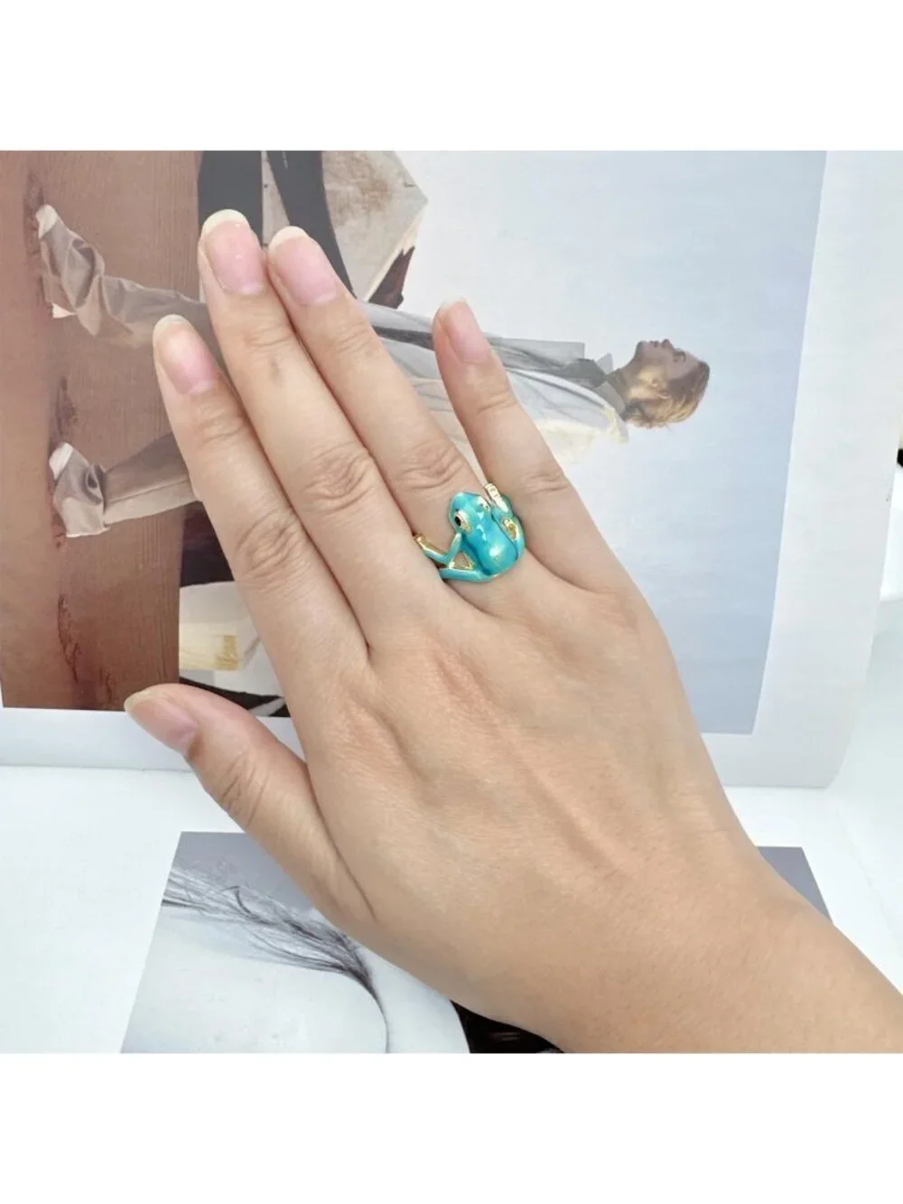 Women Blue Vintage Punk Animal Jewelry Open Shaped Gift Delicate Tree Frog Ring